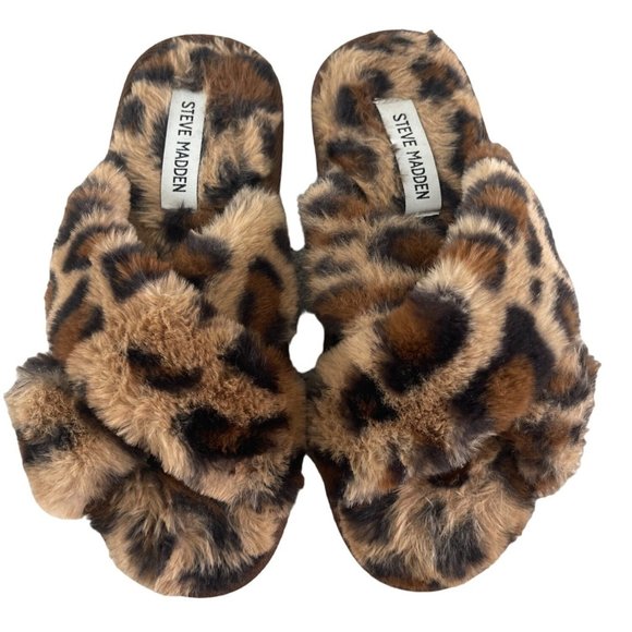 Steve Madden Criss Cross Faux Fur Leopard Print Slippers Size 7 Cozy‎ Comfy - Picture 2 of 9